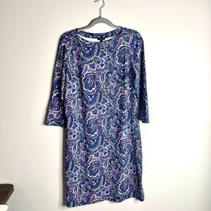 Talbots Effortless Jersey Paisley Stretch 3/4 Sleeve Shift Dress Preppy Sz Large